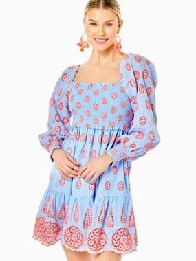 Lilly Pulitzer Rainna Smocked Eyelet Dress Blue Peri Chambray  - SZ XL - NWT